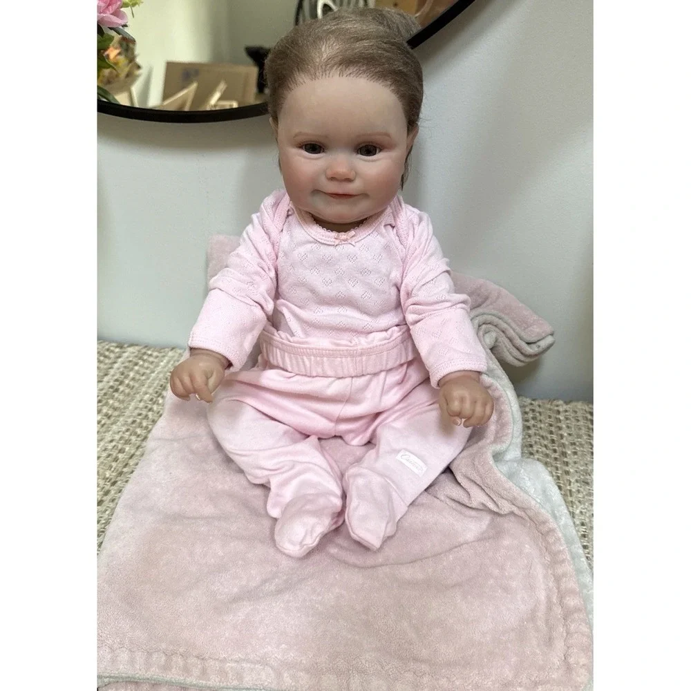 Reborn Baby Doll Vinyl Light Complexion Brown Straight Hair Pink Outfit RBG-18-1